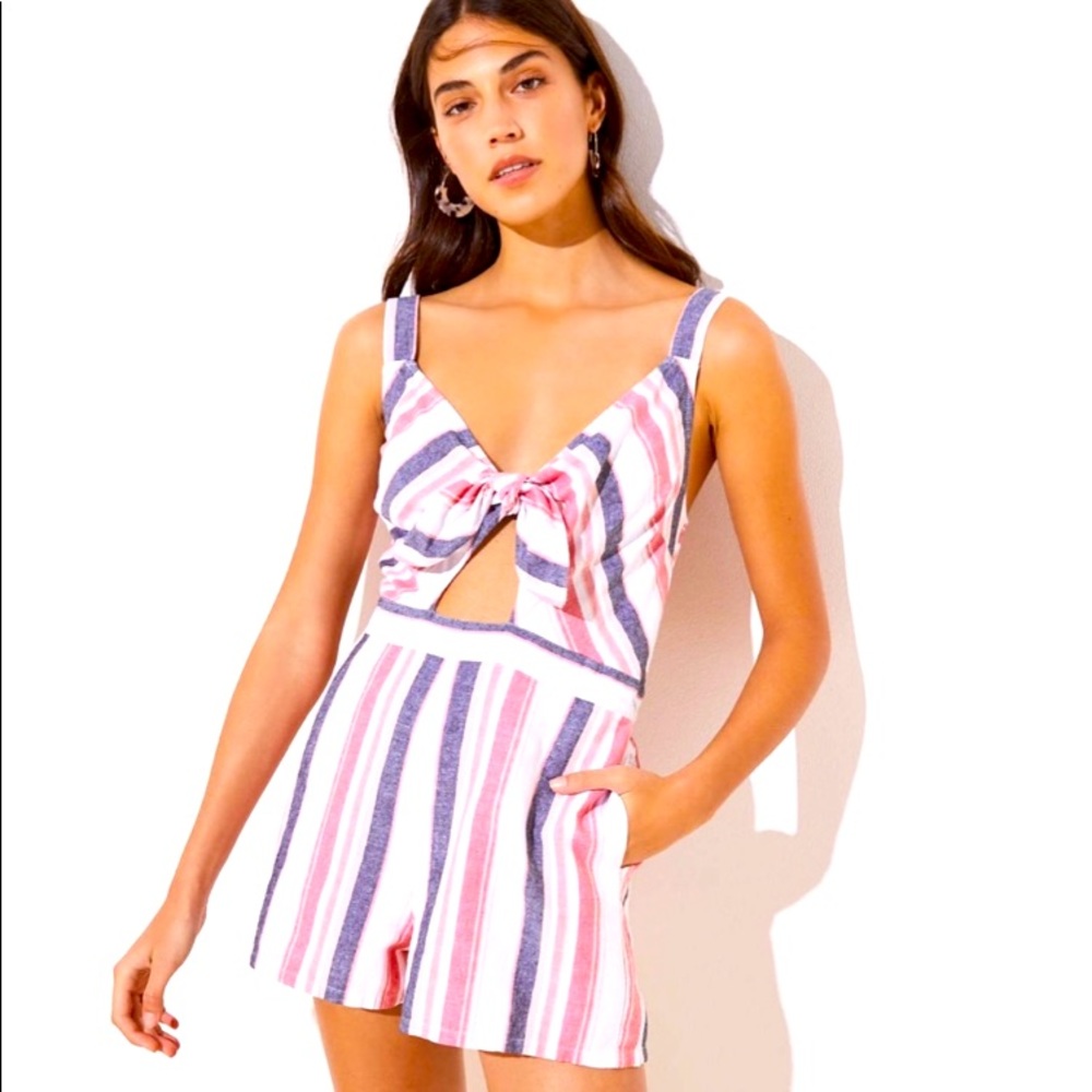 Ann Taylor LOFT Beach Size XS linen shorts romper tie cutout striped NWT